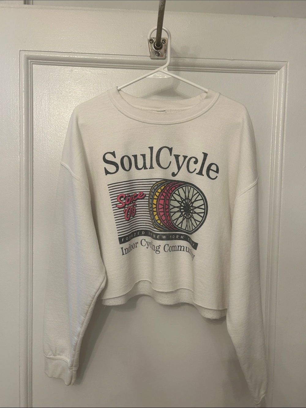 soulcycle White Cropped Graphic Sweatshirt with Yellow & Pink Wheel